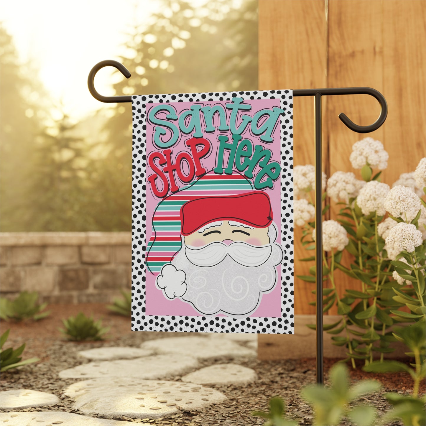 Santa Stop Here Garden Banner, Festive Yard Decoration, Christmas Decor, Holiday Sign, Seasonal Garden Flag