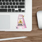 Sticker on a laptop with a keyboard, mouse, and stylus on a wooden desk.
